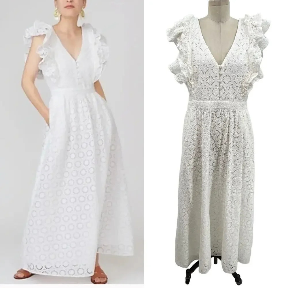J. Crew Ruffle-Sleeve Maxi Dress in Eyelet in White Size 14